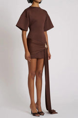 Draped Embellished Mini Dress - Brown