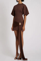 Draped Embellished Mini Dress - Brown