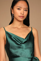 Emerald Satin Cowl Neck Tulip Mini Dress