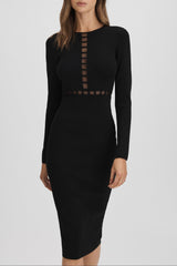 Mesh Detail Midi Dress in Black