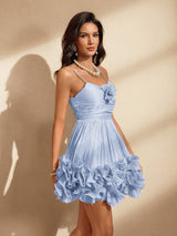 diana Spaghetti Flower Ruffle Mini Dress In Blue