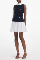 Navy Boucle And Chiffon Mini Dress