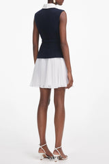 Navy Boucle And Chiffon Mini Dress