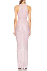 Hollow Mesh Rhinestone Sleeveless maxi Dress in pink