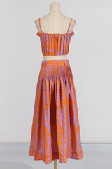 Pleated floral-print linen bustier top skirt set in blue