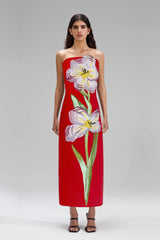 suzanne Appliqué Floral Bustier Maxi Dress in red