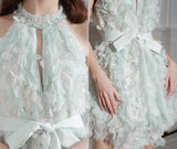 Pastel Green Ribbon Floral wedding guest bridal Dress