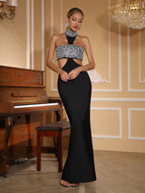 gwendolyn crystal halter cut out maxi dress in black