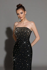 Pearl Rhinestone Beaded strapless black maxi dress