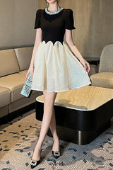 leona black-white Two-Tone rhinestone neck sequin mini Dress