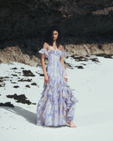 helen Floral Frill Off-Shoulder Maxi Dress in blue