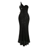 elvira one-shoulder Metal chain decoration maxi dress in black