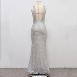rebecca bow sequin embellished v neck maxi dress in silver