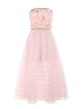 Pink Princess layer ruffle midi floral Embroidery strapless Dress
