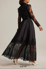 lila flowerr lace embroidery maxi dress set in black