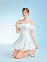 stephanie off-shoulder ruffle trim mini dress in white