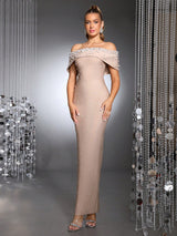 belen Pearl Beaded strapless maxi Bandage Dress in apricot