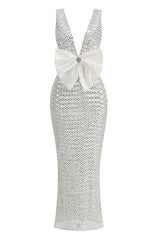 rebecca bow sequin embellished v neck maxi dress in silver