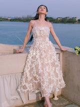 Leah White/Beige Sleeveless  Flower Dress