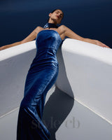 josephine off-shoulder velvet sash gown in blue
