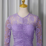 penny lace  hollow ruched bodycon long sleeve maxi dress in purple