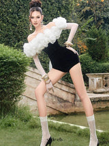 off-shoulder 3D flower bodycon jumpsuit in black