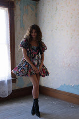 basia floral print ruffle trim hem puff mini dress