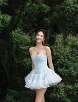 irene floral print strapless tulle mini dress in blue