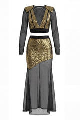 eudora Gold sequin mesh patchwork sheer two-piece set