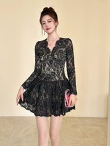 sabrina black lace hollow long sleeve a-line mini dress