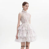 Sleeveless Stand Collar Lace Tutu mini dress in white
