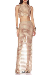 apricot Sheer plaid fishtail maxi skirt two piece of set