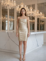 lauren pleated strapless back slit mini dress in gold