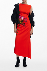 red sleeveless floral print with a ruched waist midi dress