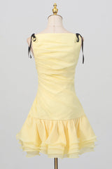 ruched ruffle hem sleeveless mini dress in yellow