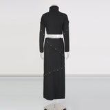 Button-embellished cotton-jersey top maxi skirt suit in black