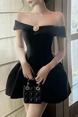 metal detail a-line off-shoulder mini dress in  Black