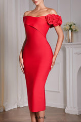 jessica Red 3D Flower Bandage Midi Dress