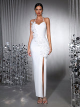 anila 3d floral halter high slit maxi dress in white