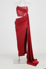 CORSET SATIN PLEATED MAXI DRESS IN RED