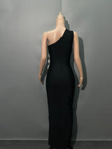 black heloise Flowers Slit One Shoulder Bandage Maxi Dress