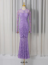 penny lace  hollow ruched bodycon long sleeve maxi dress in purple