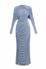 bonnie long sleeve pleated knot bodycon maxi dress in blue