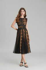 phoenix 3d Embroidered lace mesh midi dress in black