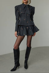 adora dark grey Butterfly Embroidered blazer mini skirt Set