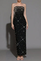 Pearl Rhinestone Beaded strapless black maxi dress