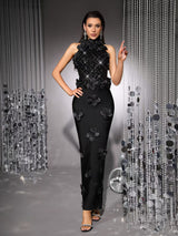 phoenix 3d flower sequin halter bandage maxi dress in black