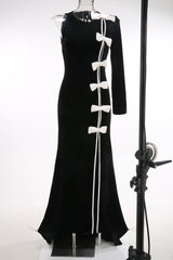 victoria Bow Cascade Velvet Maxi Dress in black