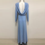 vicky Knitted long sleeves backless bodycon maxi dress in blue