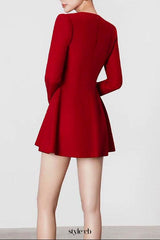 victoria red square neck long sleeve a-line mini dress